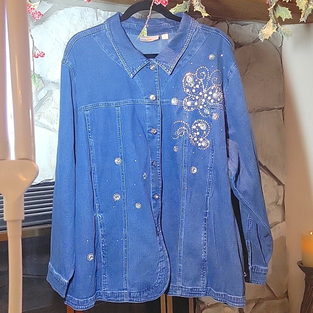 Quacker Factory Denim Jacket Butterfly Rhinestone Beaded Studded Buttons 3X
